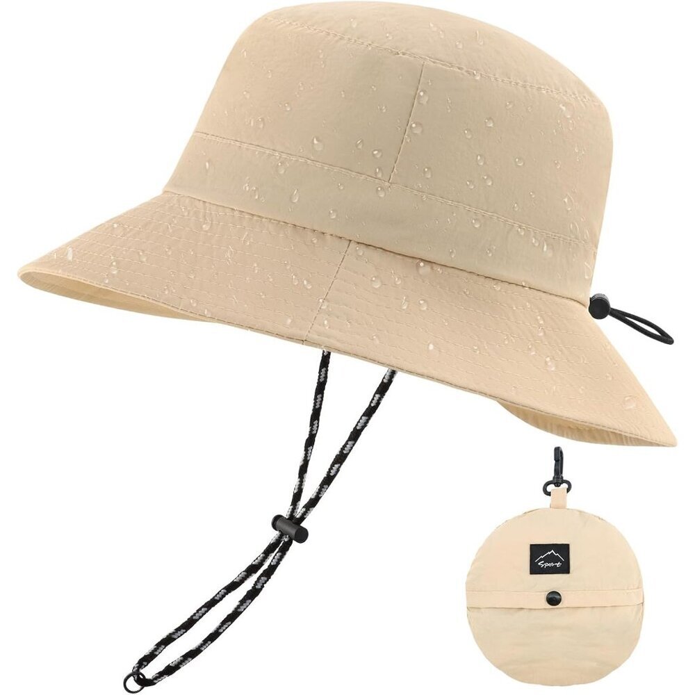 Unisex Beige 100% Nylon Waterproof Wide Brim Mesh Vent Chin Strap Bucket Hat